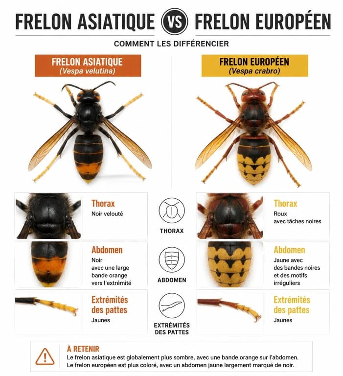 Infographie comparative pour l'identification du frelon noir et jaune : frelon asiatique vs frelon européen