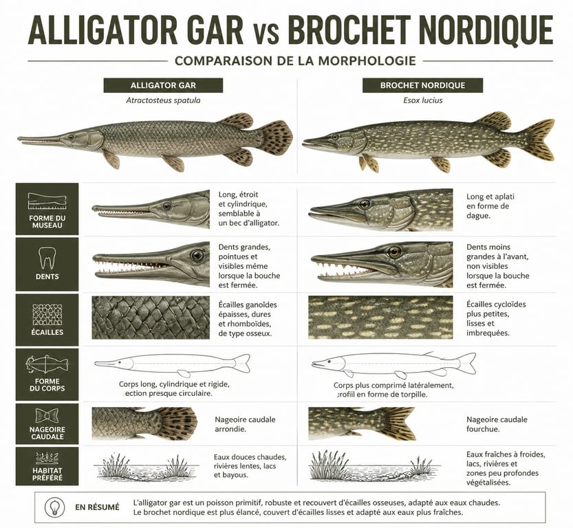 Comparaison morphologique entre le brochet crocodile et le brochet commun