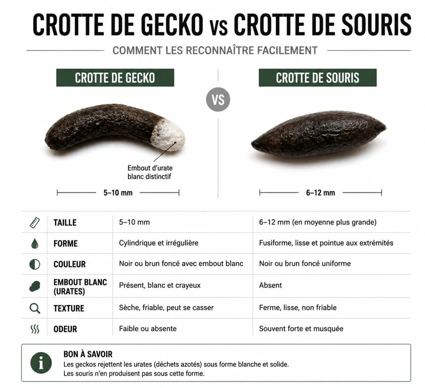 Comparaison visuelle entre une crotte de gecko et une crotte de souris pour identification