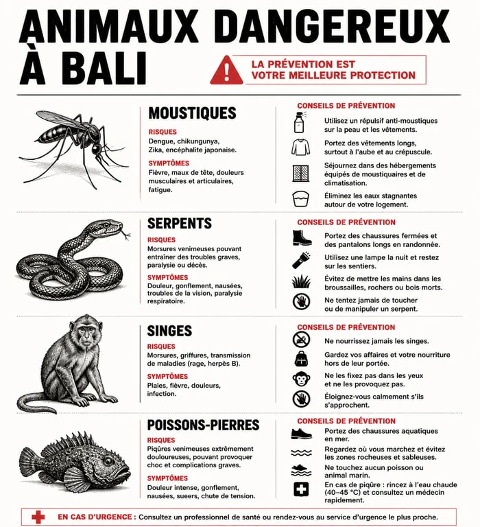 Infographie des animaux dangereux à Bali et conseils de prévention pour les voyageurs