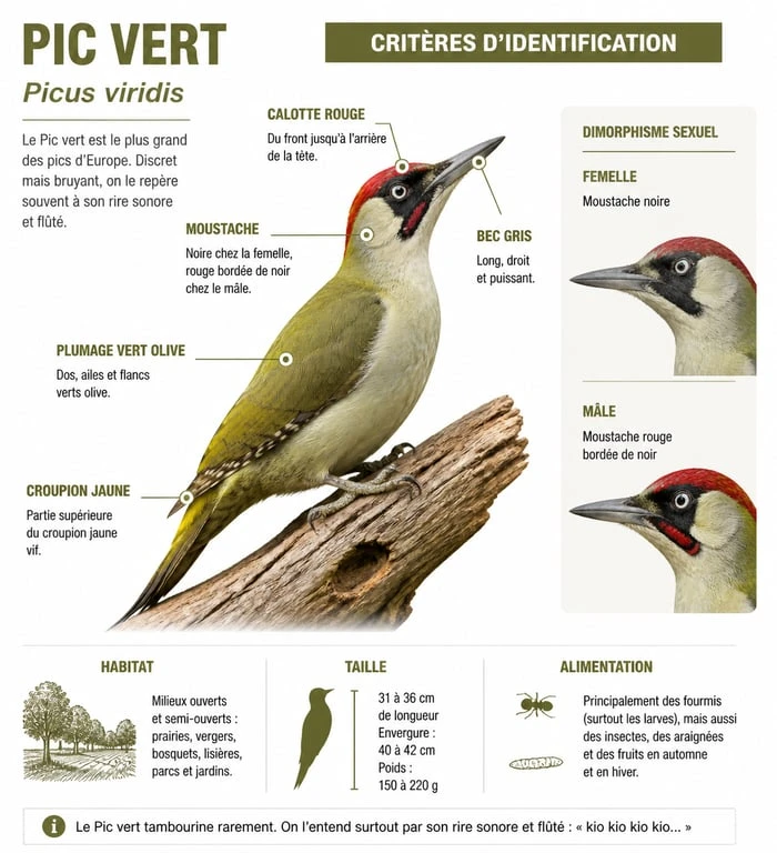 Critères d'identification du Pic vert : plumage vert, calotte rouge et moustache distinctive.