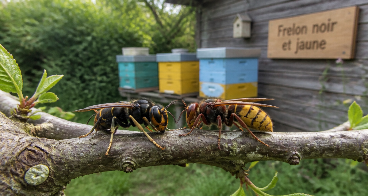 frelon noir et jaune côte à côte sur une branche