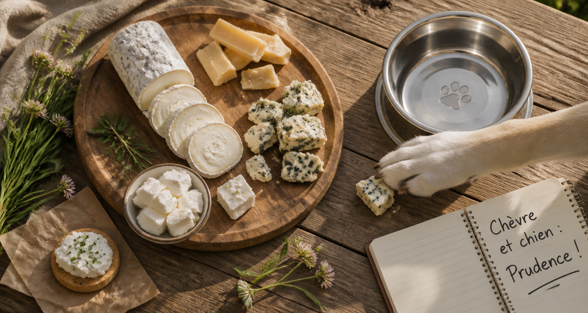 fromage de chevre chien sur table avec gamelle