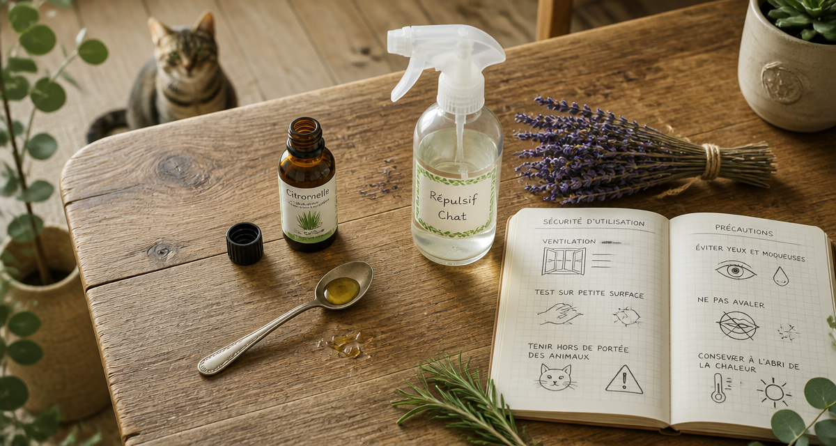 huile essentielle chat pipi sur table avec spray et lavande