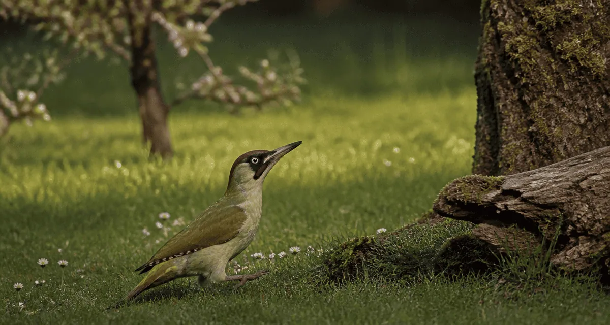 Oiseau vert tete rouge sur pelouse