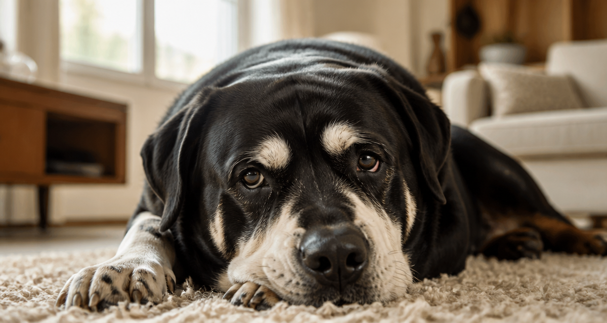 Rottweiler blanc avec vitiligo couché sur tapis