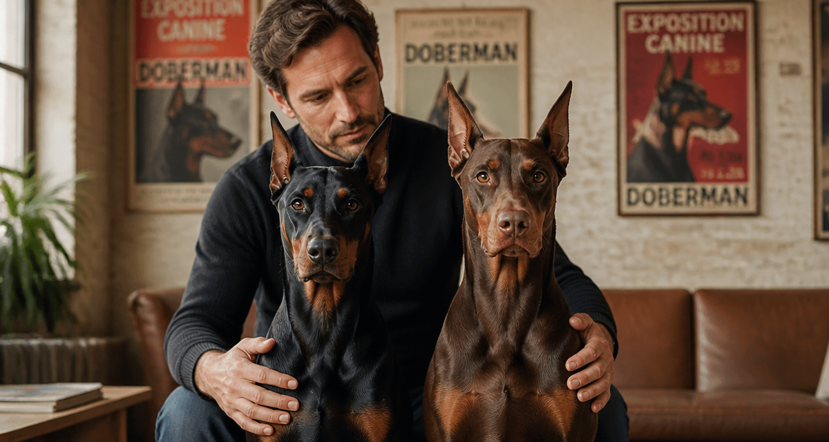 doberman couleur noir et marron feu assis salon