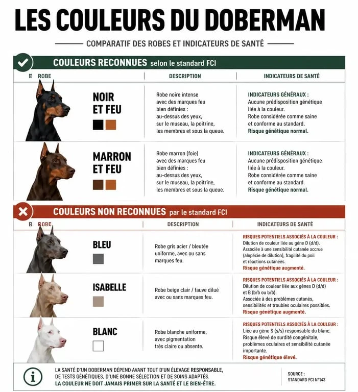 Infographie comparative des couleurs de robe du Doberman et risques sanitaires associés