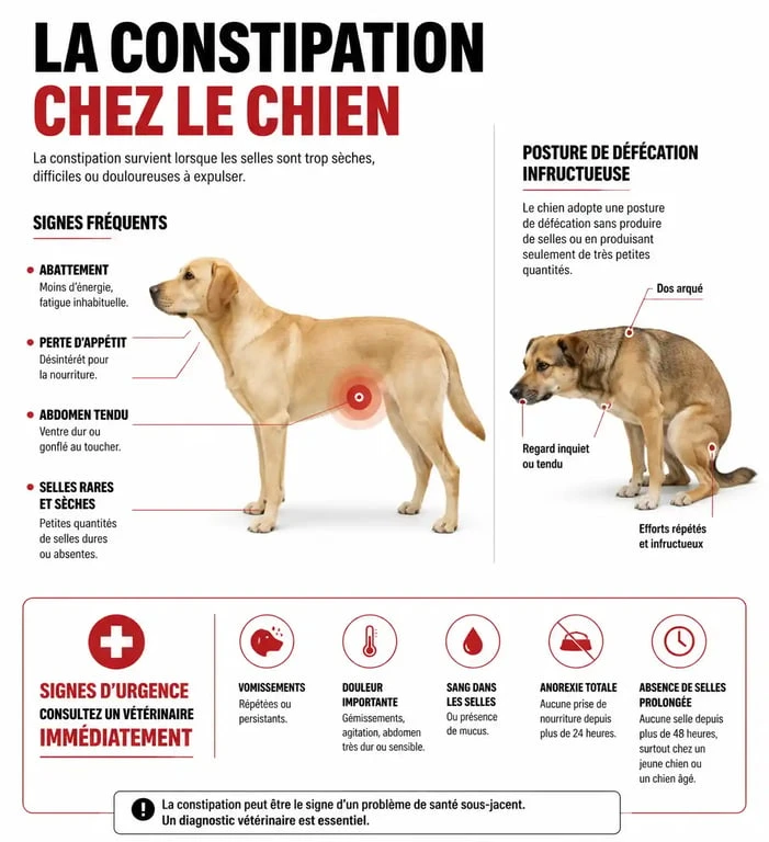 Infographie des symptômes de la constipation chez le chien et signes d'urgence vétérinaire