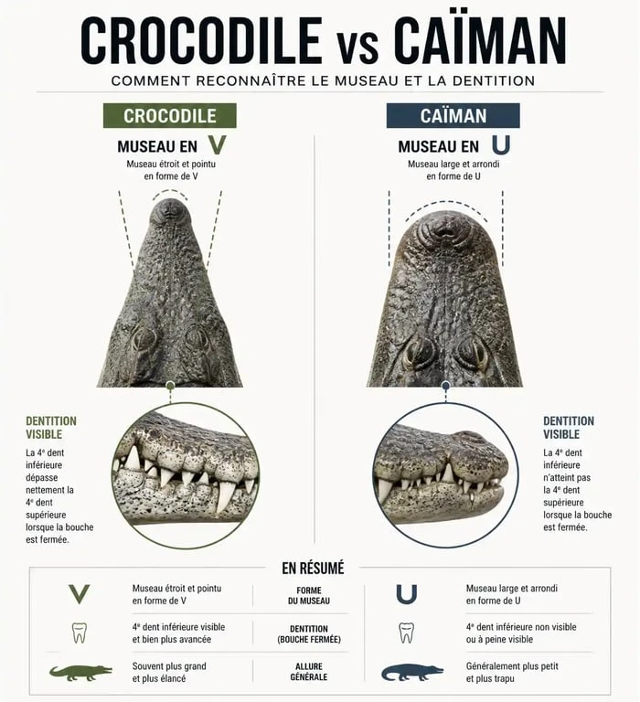 Infographie comparative des différences entre caïman et crocodile : forme du museau et dentition