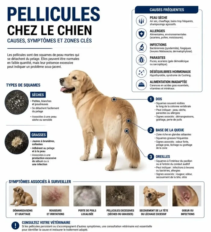 Infographie illustrant les causes et symptômes des pellicules chien pour aider au diagnostic