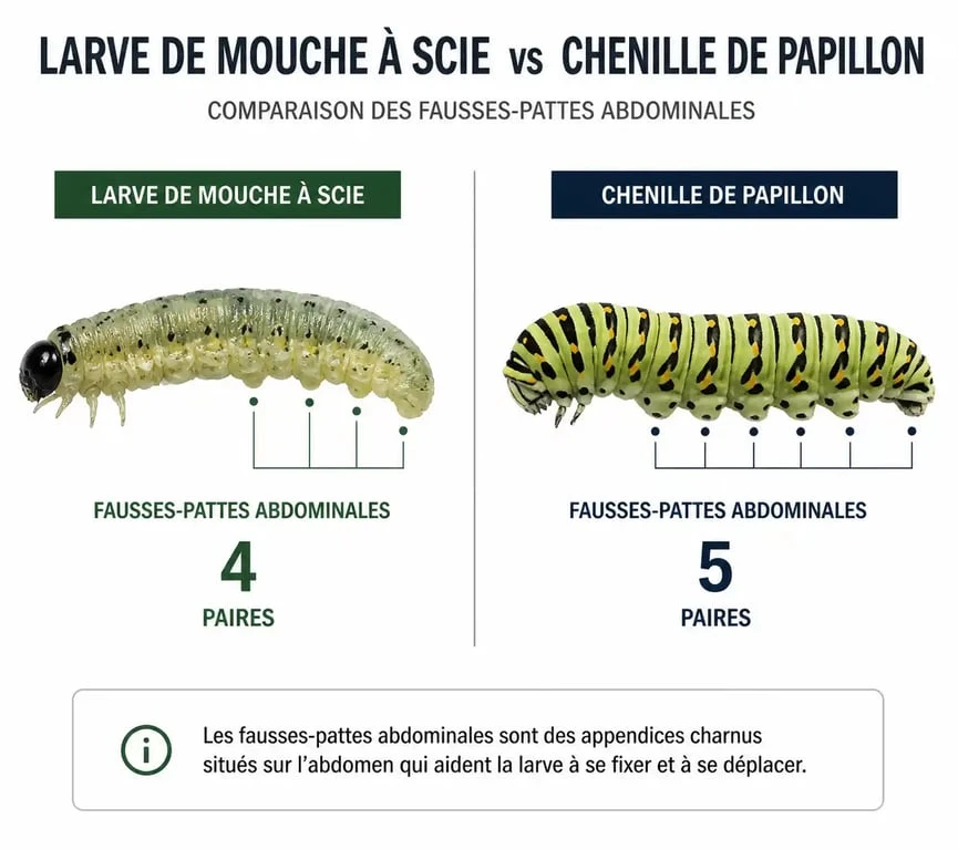 Comparaison visuelle entre une larve de mouche à scie et une chenille pour aider à l'identification au jardin