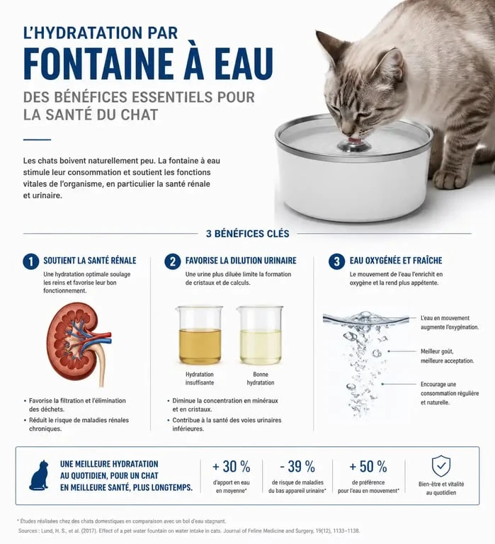 Infographie sur les bienfaits de la fontaine à eau pour chat selon l'avis vétérinaire pour la santé rénale et urinaire.