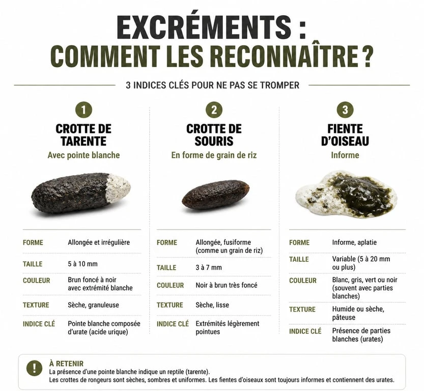 Comparatif visuel des crottes de tarente, de souris et d'oiseau pour faciliter l'identification
