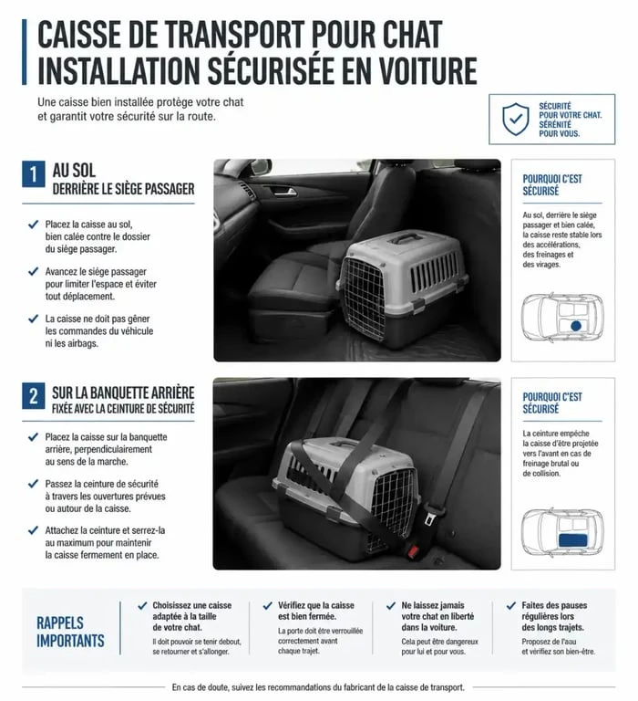 Infographie montrant comment sécuriser une caisse de transport pour chat en voiture pour faire 600 km avec un chat