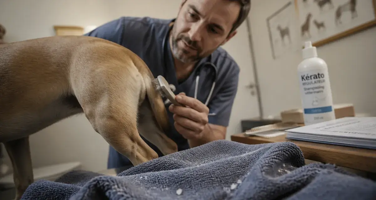 Pellicules chien : vétérinaire examine la peau du chien à la brosse