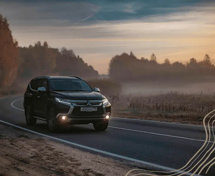 foggy road with a car