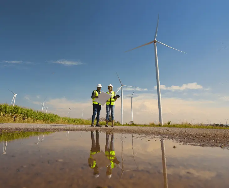 technician inspecting wind turbines