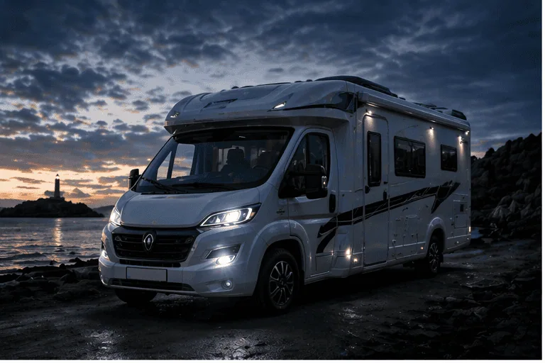 Husbil och camper med exteriörbelysning