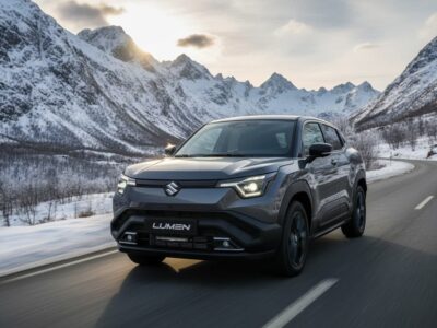 Suzuki Lumen E-Vitara 2025 kører på en snedækket vej i bjergene.