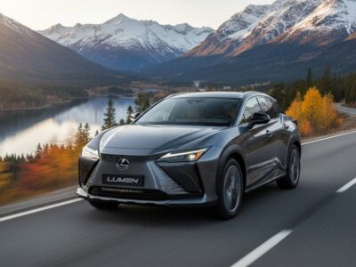 Lexus RZ 23+ på vejen gennem et naturskønt landskab med snedækkede bjerge.