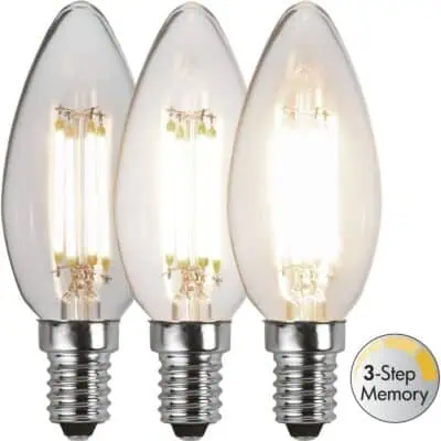 LED-pære E14 C35 Clear 3-trinns minne - 4,2w - 3000K - 3-trinns dimbar (minne)