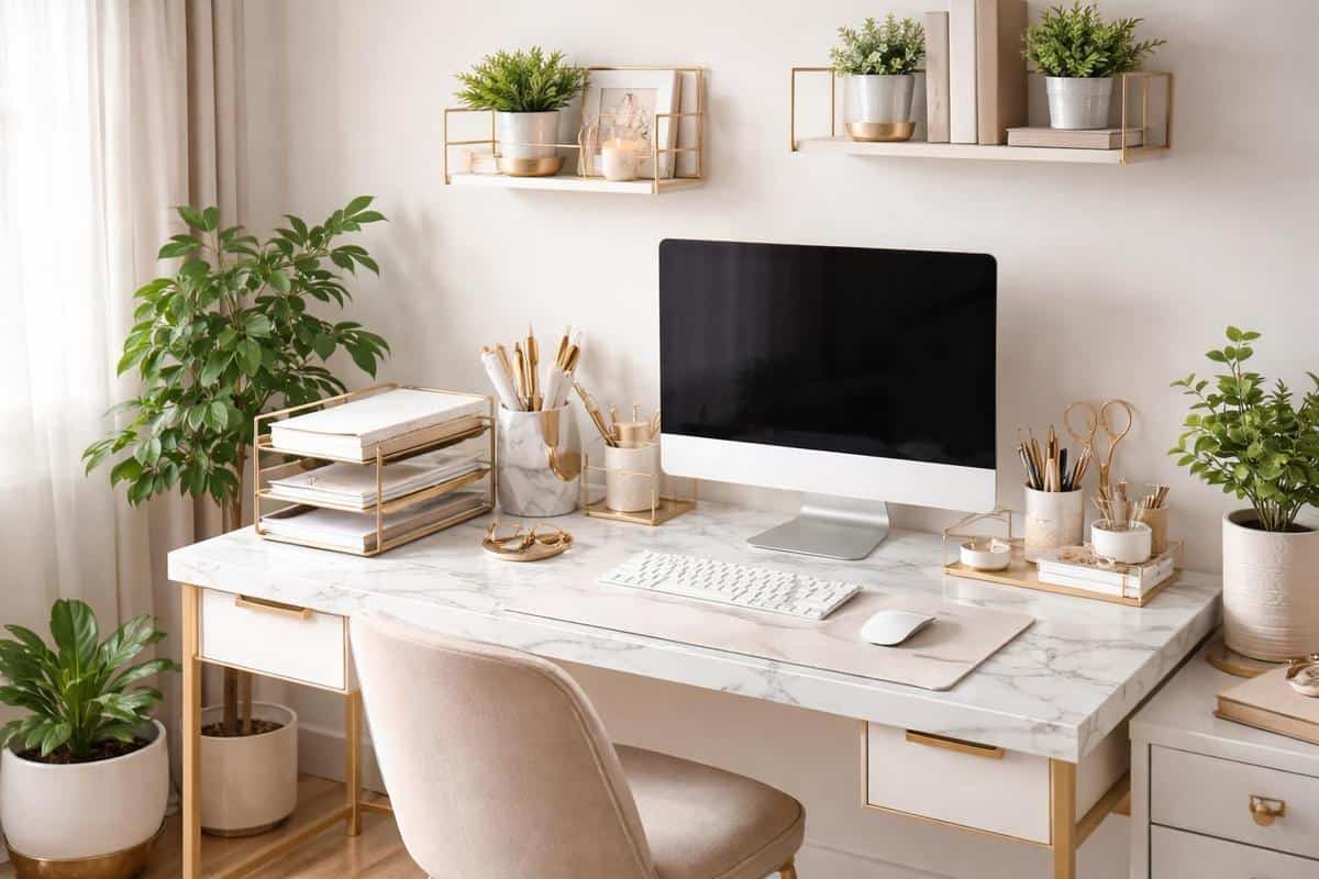 Idée déco bureau femme élégant organisé dans petit espace bureau maison