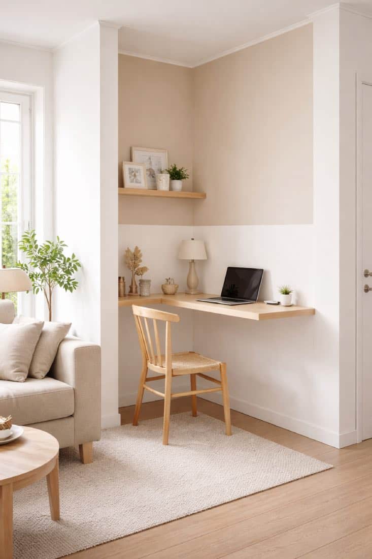 Idée peinture bureau petit espace avec mur accent vert foncé et bureau compact