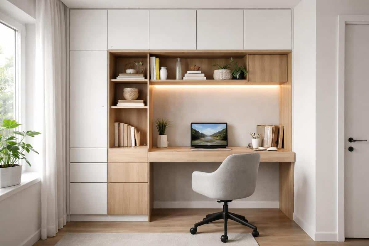meuble de rangement avec bureau intégré mur de rangement petit espace bureau
