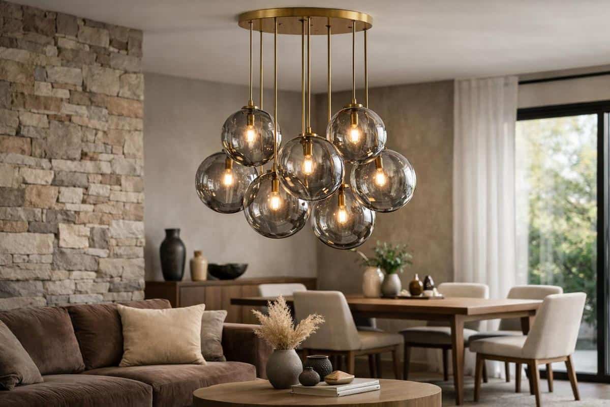 Boules lumineuses verre soufflé transparent fumé pour suspension contemporaine salon salle à manger