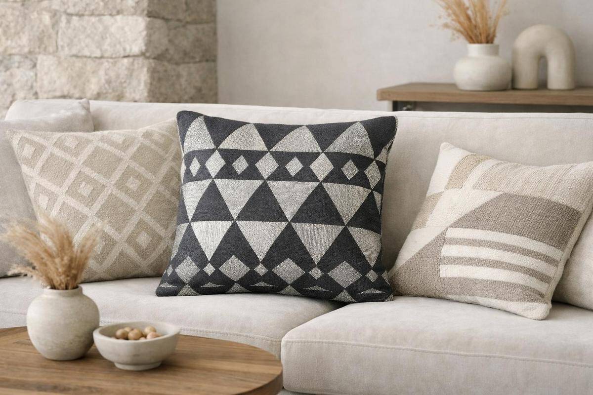 Coussins jacquard motifs géométriques triangles losanges HK Living Ferm Living accessoires bohèmes salon scandinave