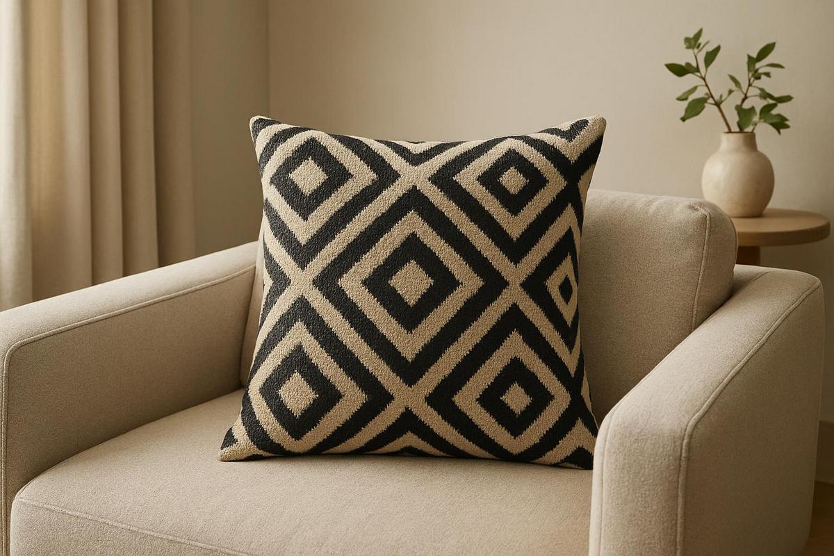 coussin jacquard coton noir beige motif géométrique idée déco salon beige Ferm Living Maison du Monde