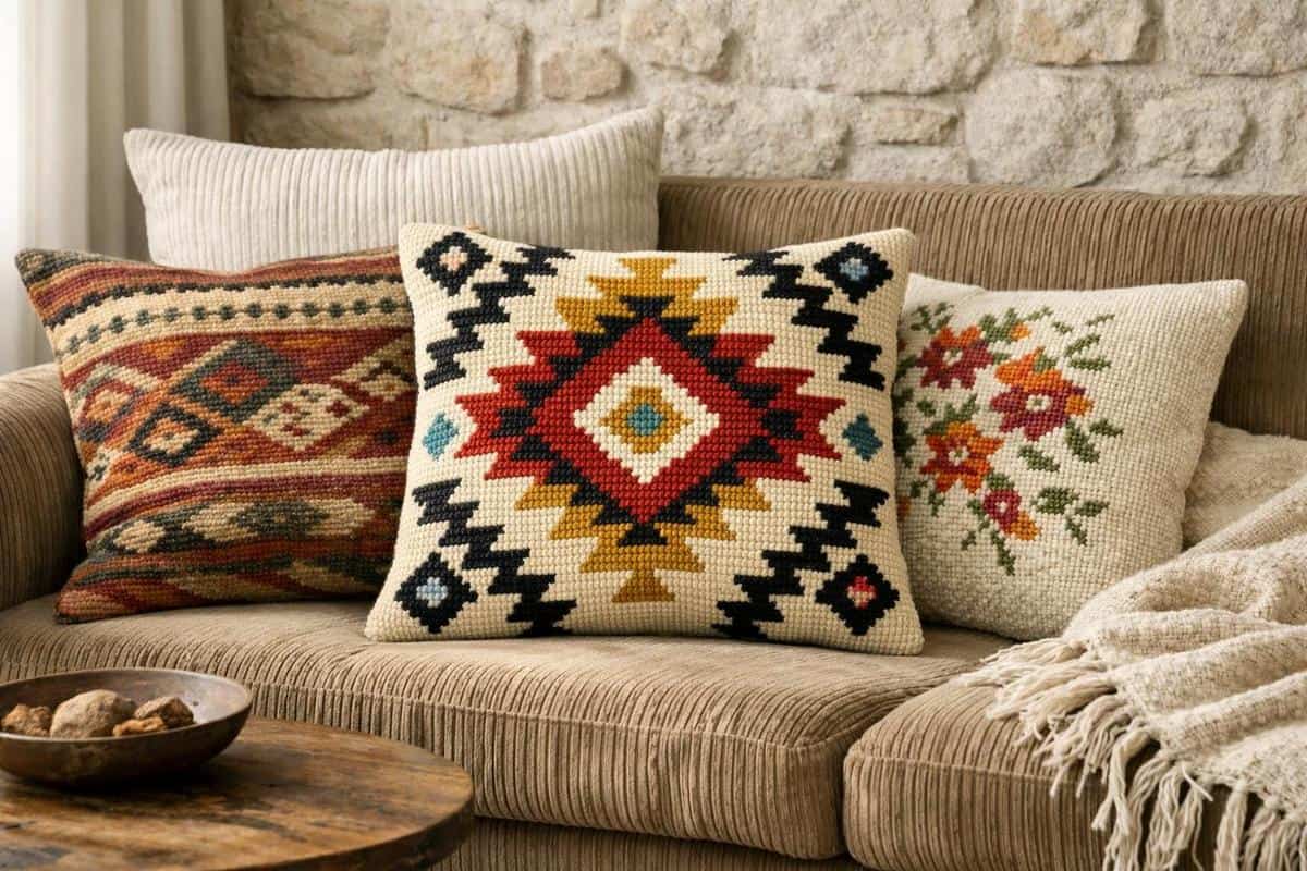 Coussins motifs ethniques kilim broderie point croix accessoires bohèmes déco salon scandinave base neutre