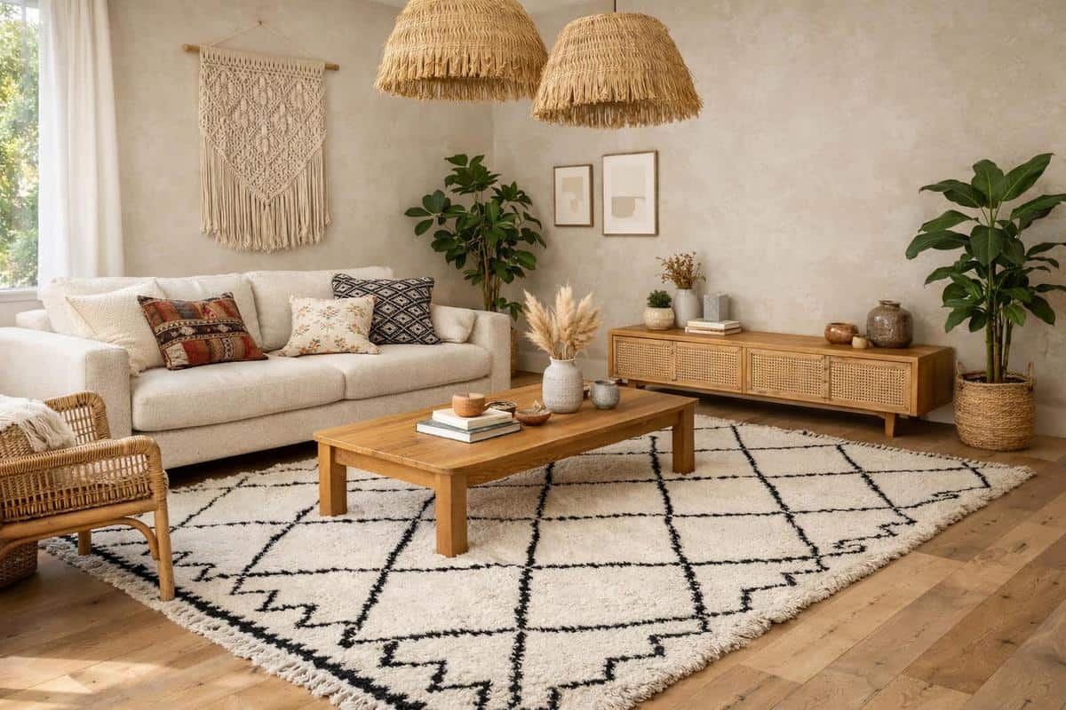 Déco salon scandinave bohème avec objets cosy et naturels