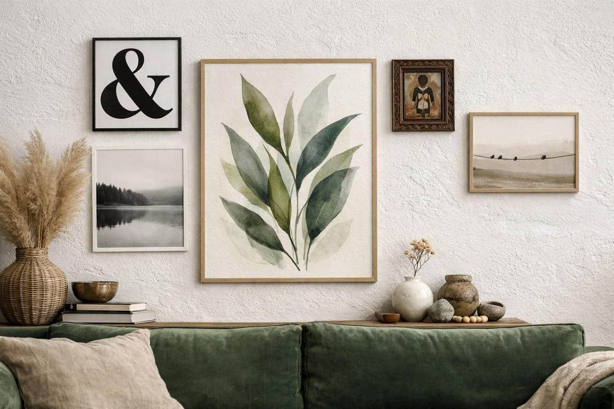 Gallery wall affiches minimalistes aquarelle botanique tableau ethnique illustrations déco salon bohème scandinave murs blancs