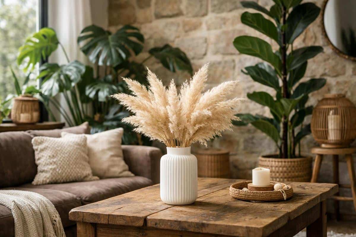 Herbes de la pampa cortaderia selloana plantes interieur vase gres blanc deco salon boheme scandinave