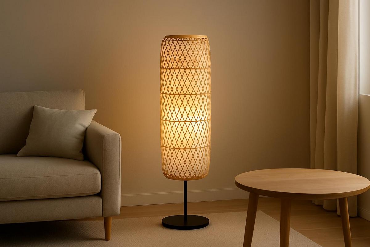lampadaire en papier washi bambou tressé style japandi pour salon beige ambiance feutrée Muuto Fleux