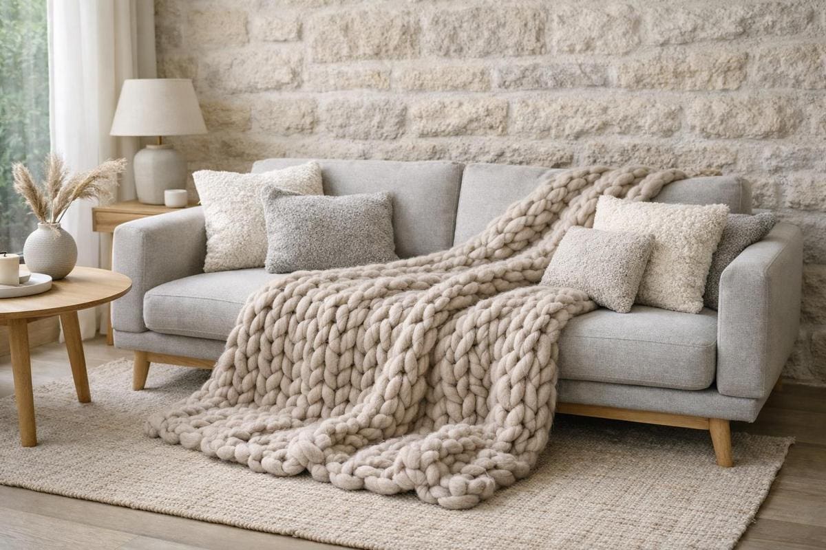 Plaid en maille XXL beige chiné et coussins moelleux en laine bouclette texturée pour salon bohème scandinave minimaliste
