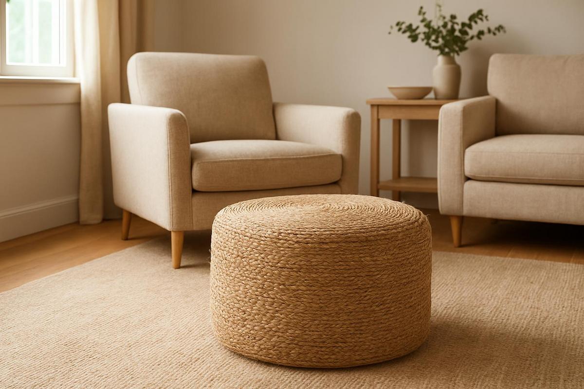 pouf cylindrique en jute naturel ou lin tressé coordonné à des fauteuils beige pour idée déco salon naturel