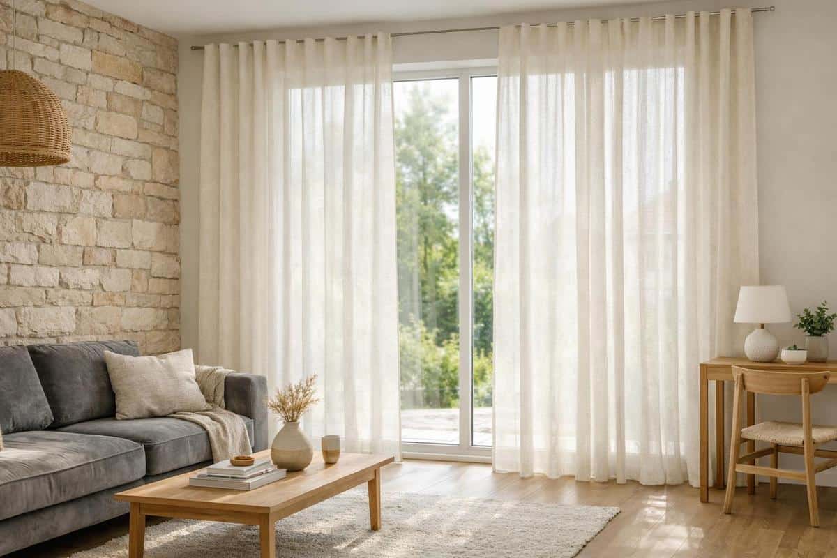 Voilages en lin naturel blanc cassé pour maximiser lumière naturelle et ambiance cosy salon
