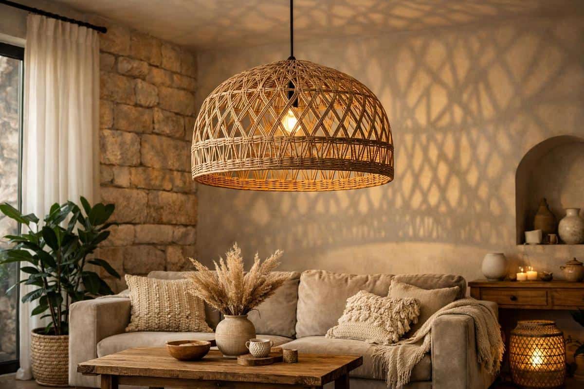 Suspension en rotin avec fibres naturelles pour déco salon scandinave bohème chaleureuse