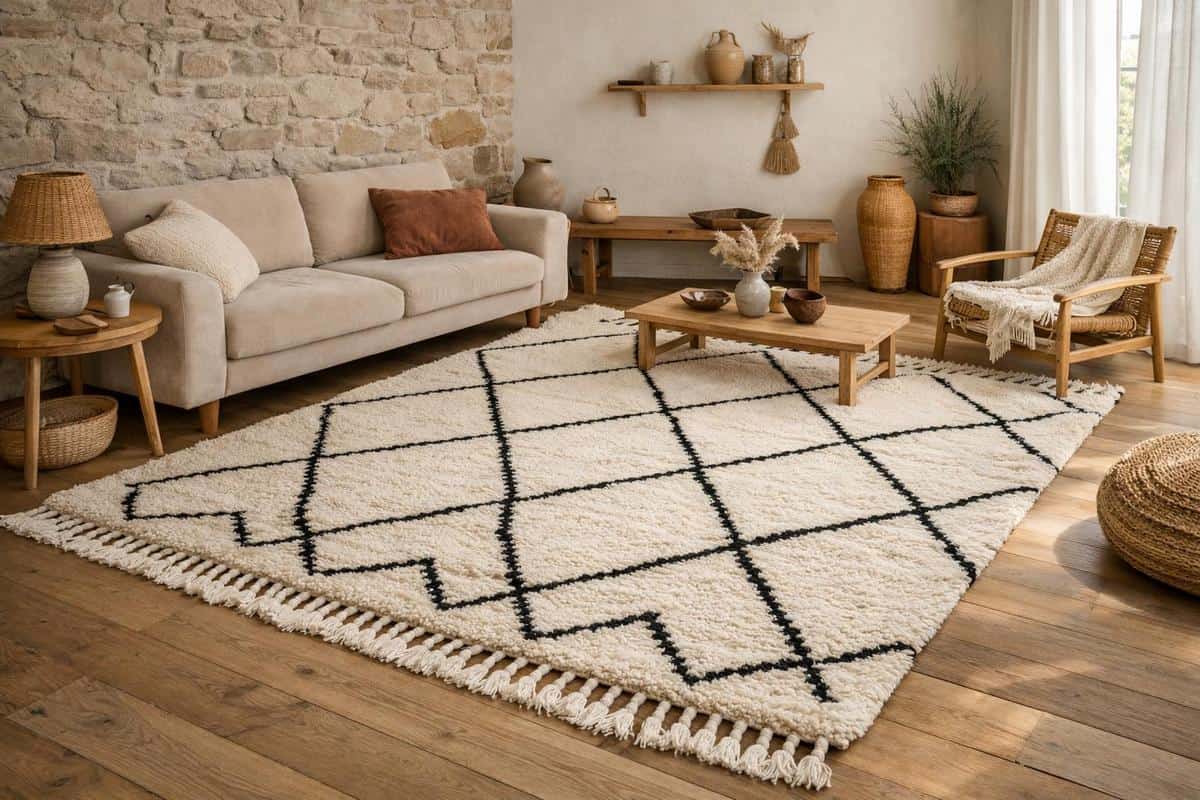 Tapis Beni Ouarain laine naturelle motifs géométriques noirs déco salon bohème scandinave accessoires ethniques