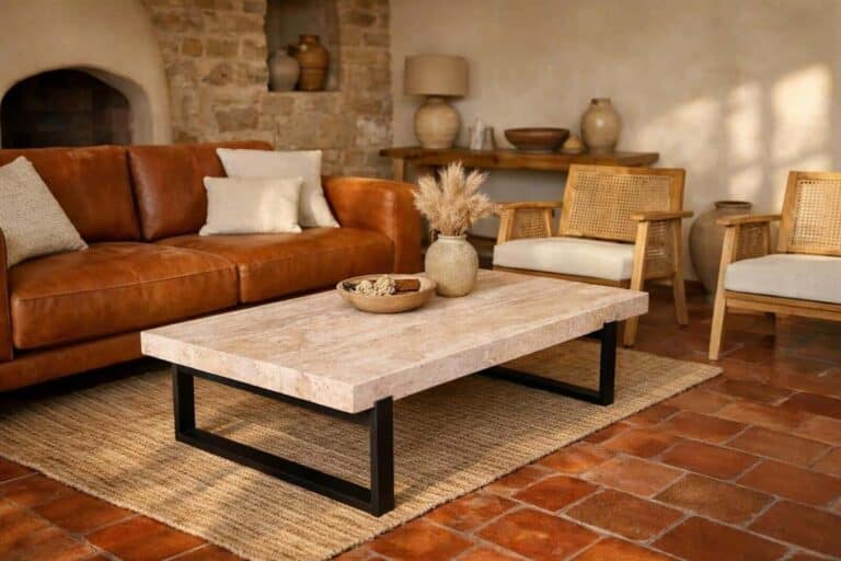 Idée déco salon tomette rouge : vue d’ensemble d’un salon chaleureux avec sol en tomettes rouge orangé, murs blanc cassé légèrement chauds, grand tapis berbère écru à motifs graphiques noir et écru, canapé en cuir cognac et fauteuil en rotin bois clair, table basse en travertin aux veines beige rosé et gris chaud, accents discrets en noir mat et laiton brossé, lumière douce créant une ambiance cosy et contemporaine, mettant en valeur la texture mate et la couleur du sol en terre cuite