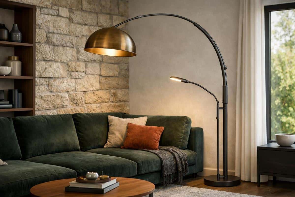 Lampadaire orientable avec bras télescopique métal noir et liseuse LED intégrée pour applique au-dessus canapé salon