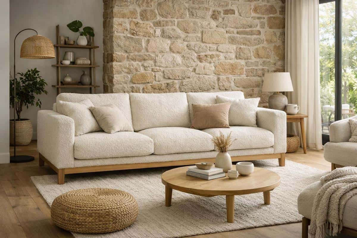 Canapé trois places en lin bouclé écru avec pieds en bois clair, assises profondes et coussins moelleux, style scandinave bohème cocooning