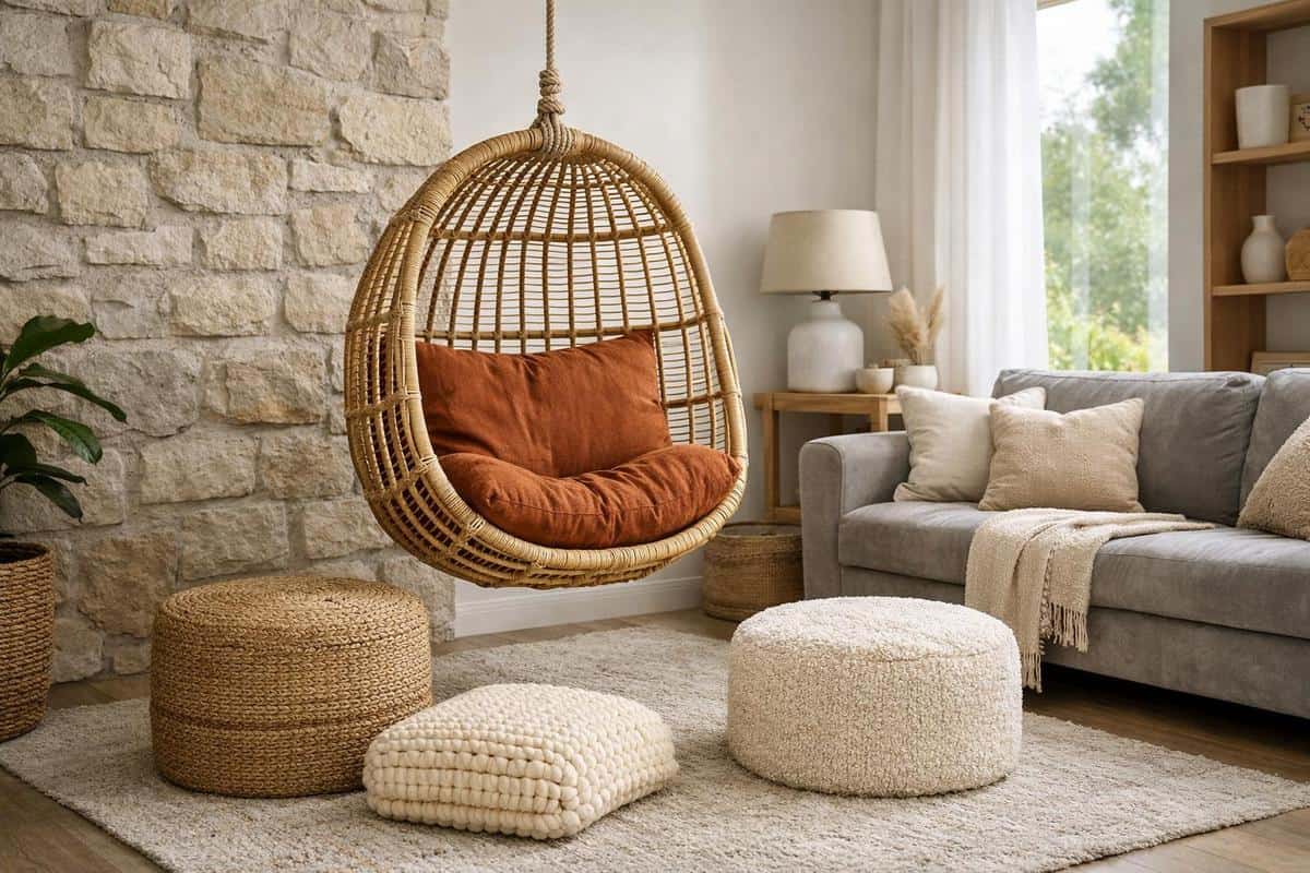 Fauteuil suspendu en rotin naturel avec coussin lin lavé, associé à pouf cylindrique en jute tressée, mobilier bohème scandinave texturé