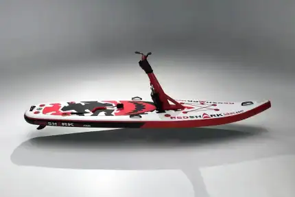 E-Scooter Surf with Red Shark design for water and land adventures.