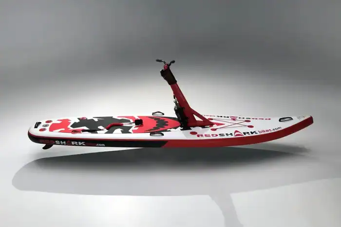 E-Scooter Surf with Red Shark design for water and land adventures.