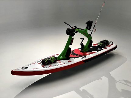 Adventure water bike with green frame and fishing rod attachment.
