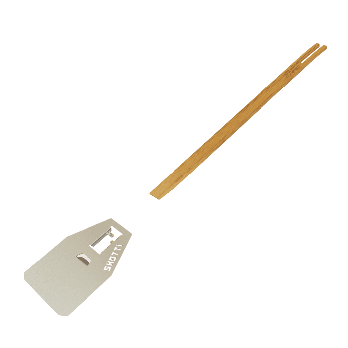 Skotti Flip grill tool with wooden handle for outdoor cooking and camping.